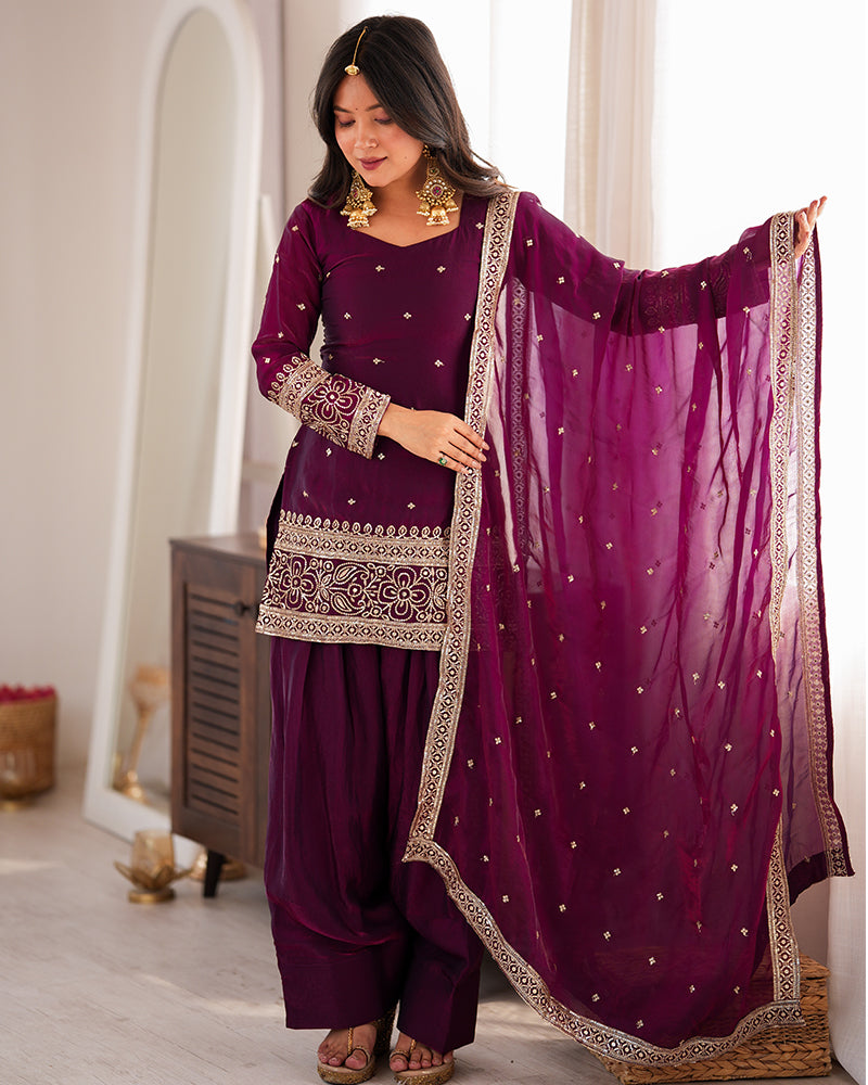 Wine Color Fendi Silk Embroidered Farshi Salwar Suit