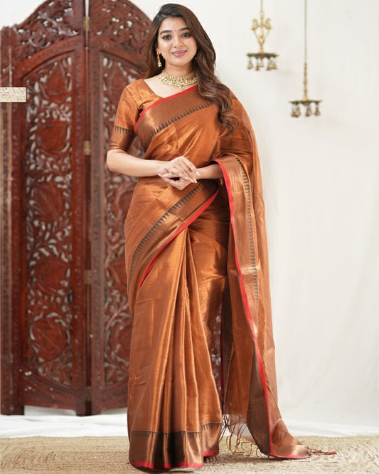 Brown Color Tissue Cotton Saree