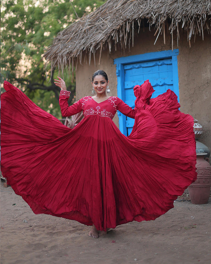 Maroon Color Reyon Ruffle Style Navratri Gown
