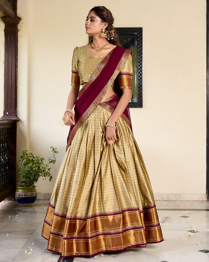 Chikoo Color Cotton Silk Designer Half Saree