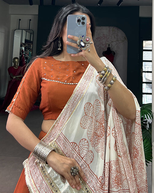 Rust Orange Color Chinon Silk Navratri Lehenga Choli