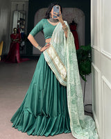 Teal Green Orange Color Chinon Silk Navratri Lehenga Choli