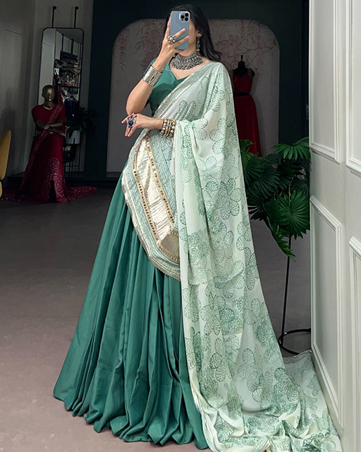Teal Green Orange Color Chinon Silk Navratri Lehenga Choli