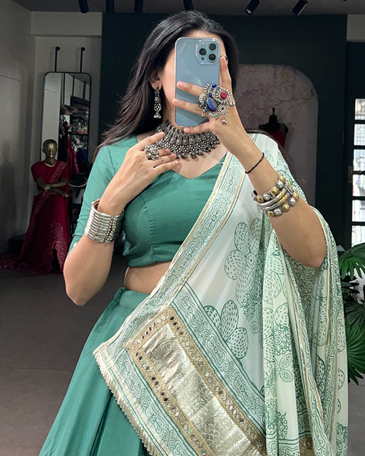 Teal Green Orange Color Chinon Silk Navratri Lehenga Choli