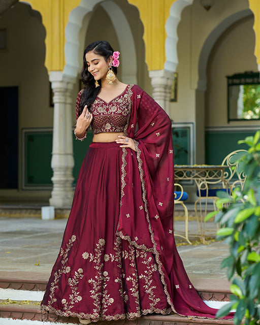 Dark Maroon Color Rangoli Silk Embroidered Lehenga Choli