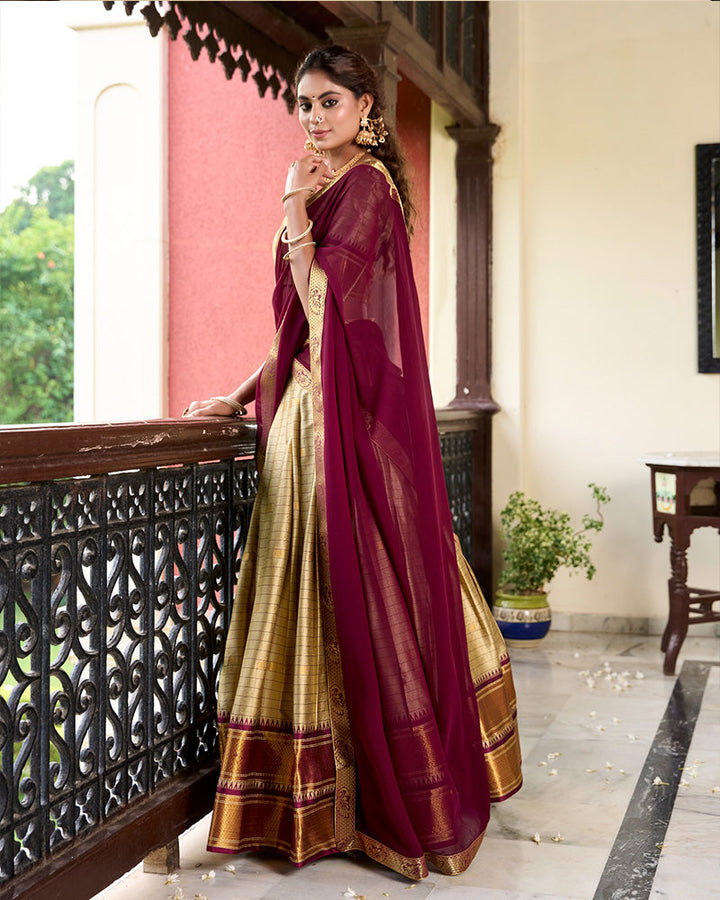 Chikoo Color Cotton Silk Designer Half Saree
