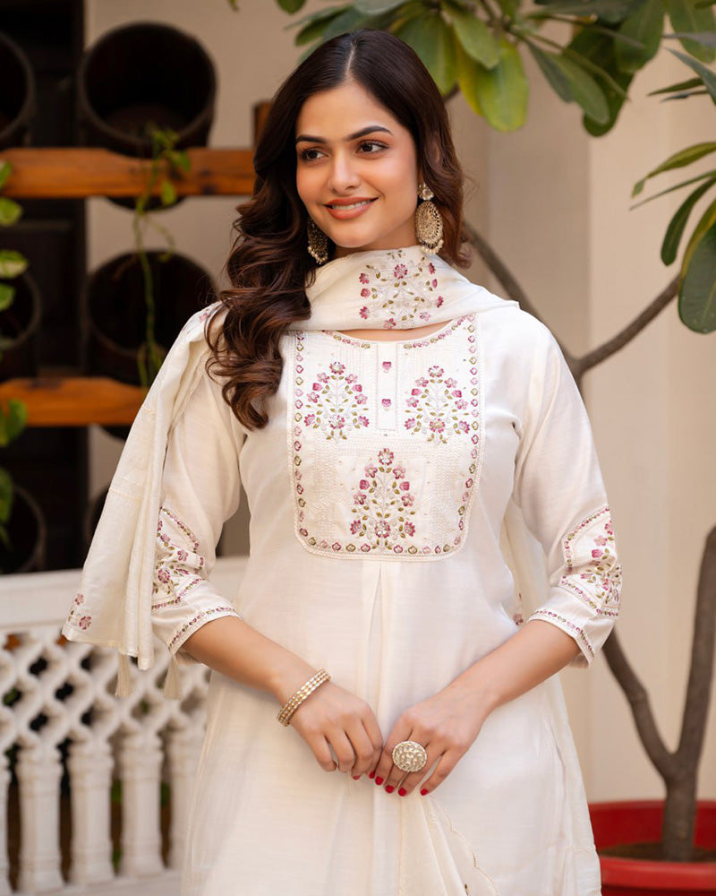 White Color Mango Silk Embroidered Kurti Suit