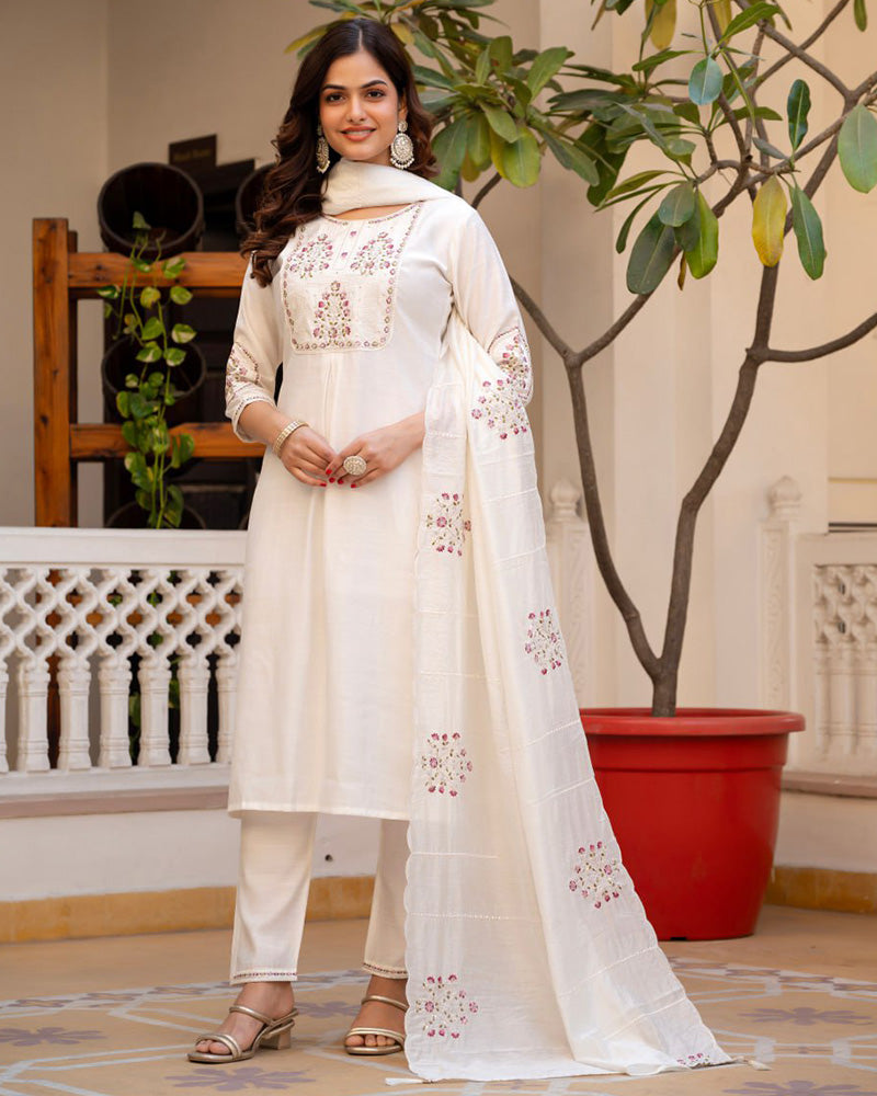 White Color Mango Silk Embroidered Kurti Suit