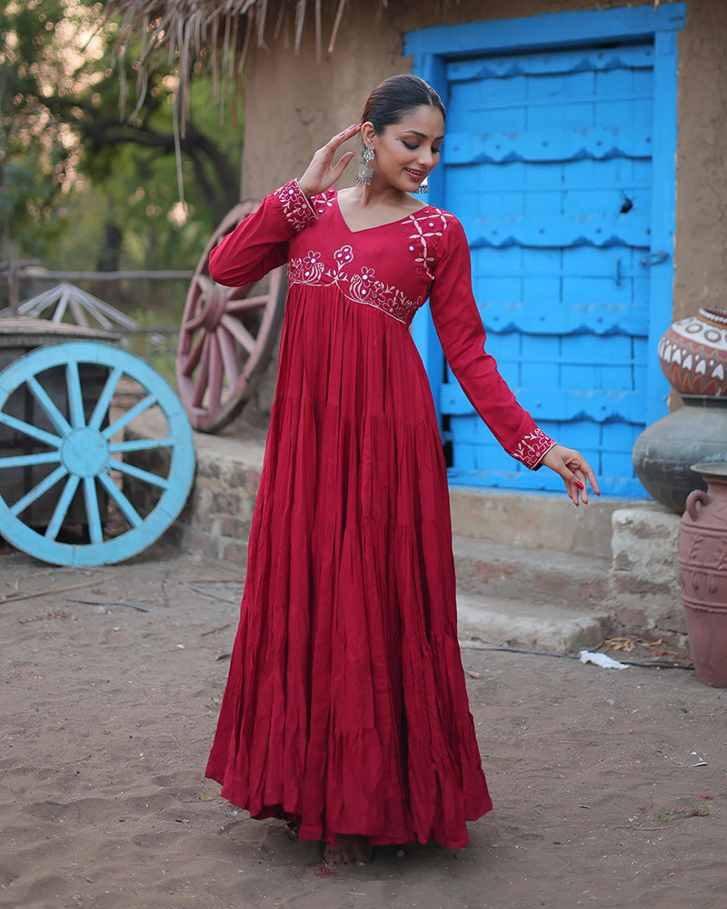 Maroon Color Reyon Ruffle Style Navratri Gown