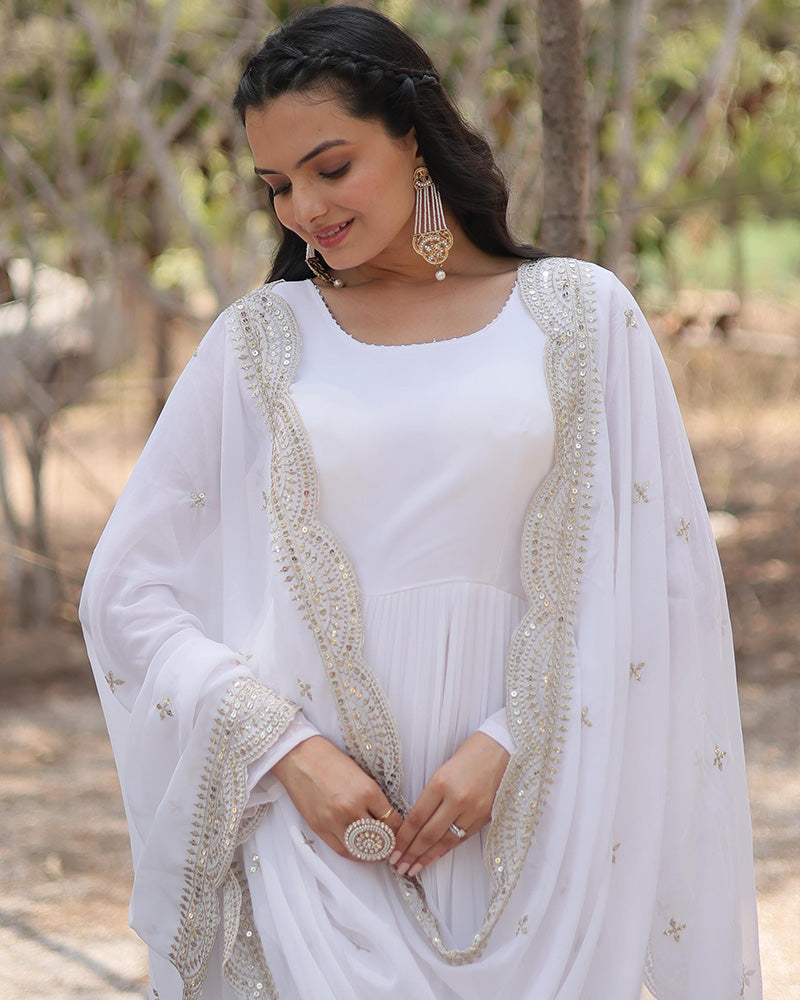 White Color Designer Embroidered Gown With Dupatta