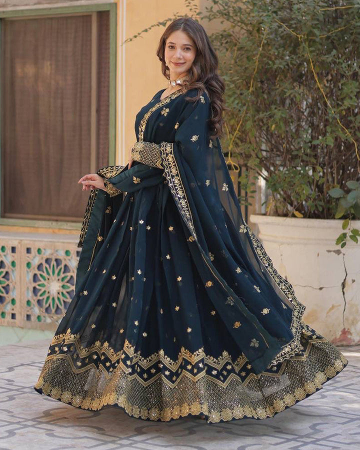 Peacock Color Faux Blooming Embroidered Gown