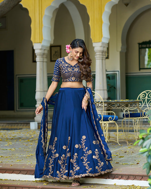 Royal Blue Color Rangoli Silk Embroidered Lehenga Choli
