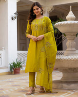 Olive Green Color Mango Silk Embroidered Kurti Suit