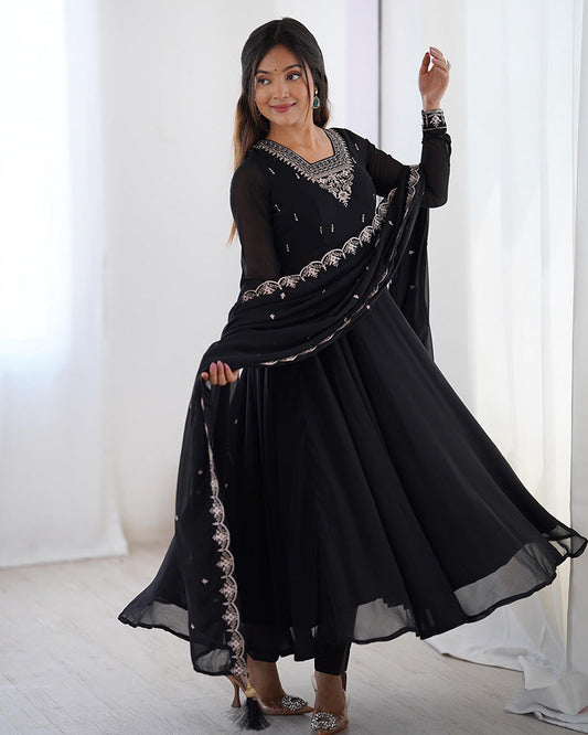 Black Color Georgette Embroidered Three Piece Anarkali Suit