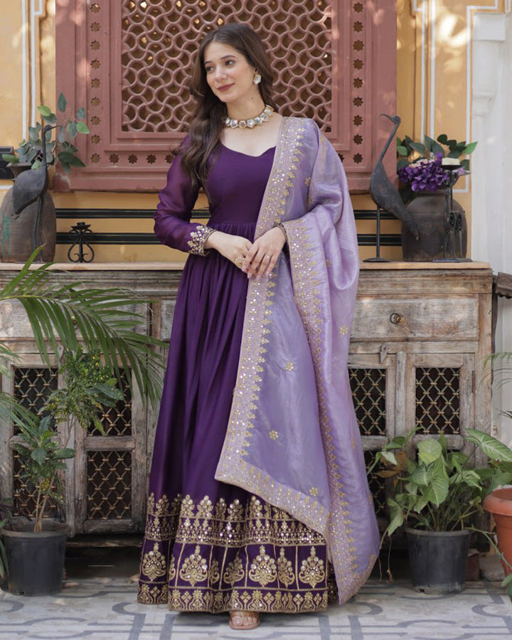 Wine Color Star Georgette Sequence Embroidered Gown
