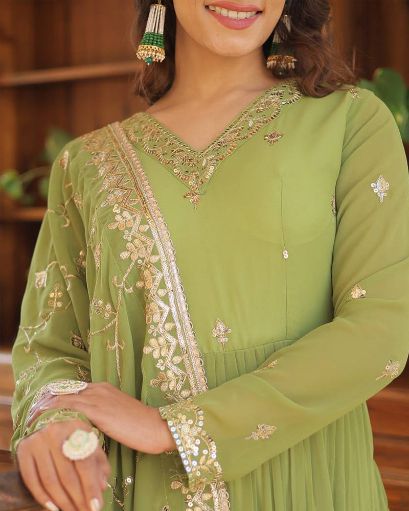 Parrot Green Color Faux Georgette Designer Anarkali Gown With Dupatta
