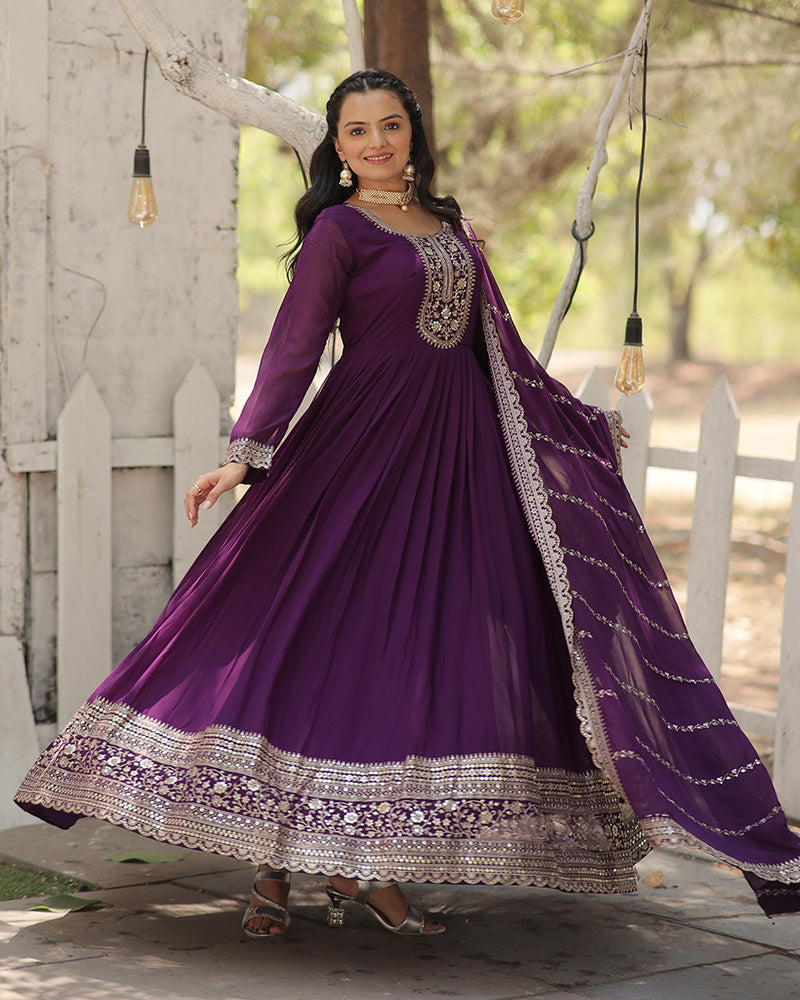 Purple Color Faux Blooming Rich Sequence Embroidered Gown