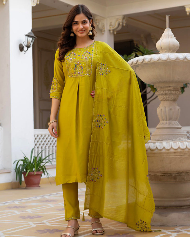 Olive Green Color Mango Silk Embroidered Kurti Suit