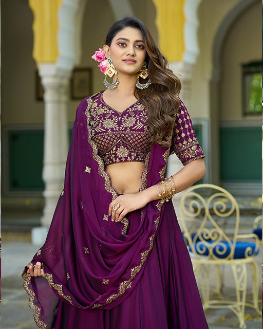 Wine Color Rangoli Silk Embroidered Lehenga Choli