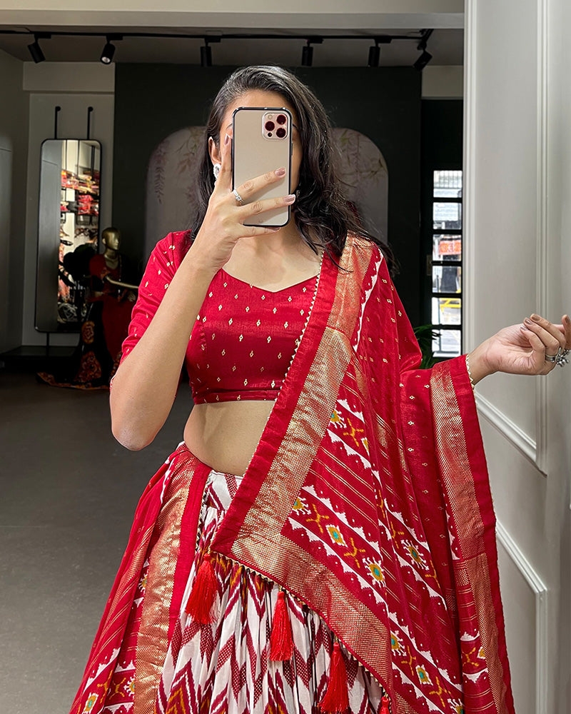 Red Color Laheriya Print Tussar Silk Designer Lehenga Choli