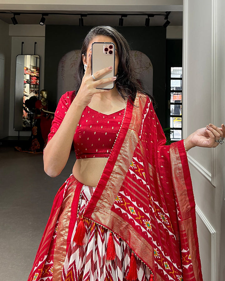 Red Color Laheriya Print Tussar Silk Designer Lehenga Choli