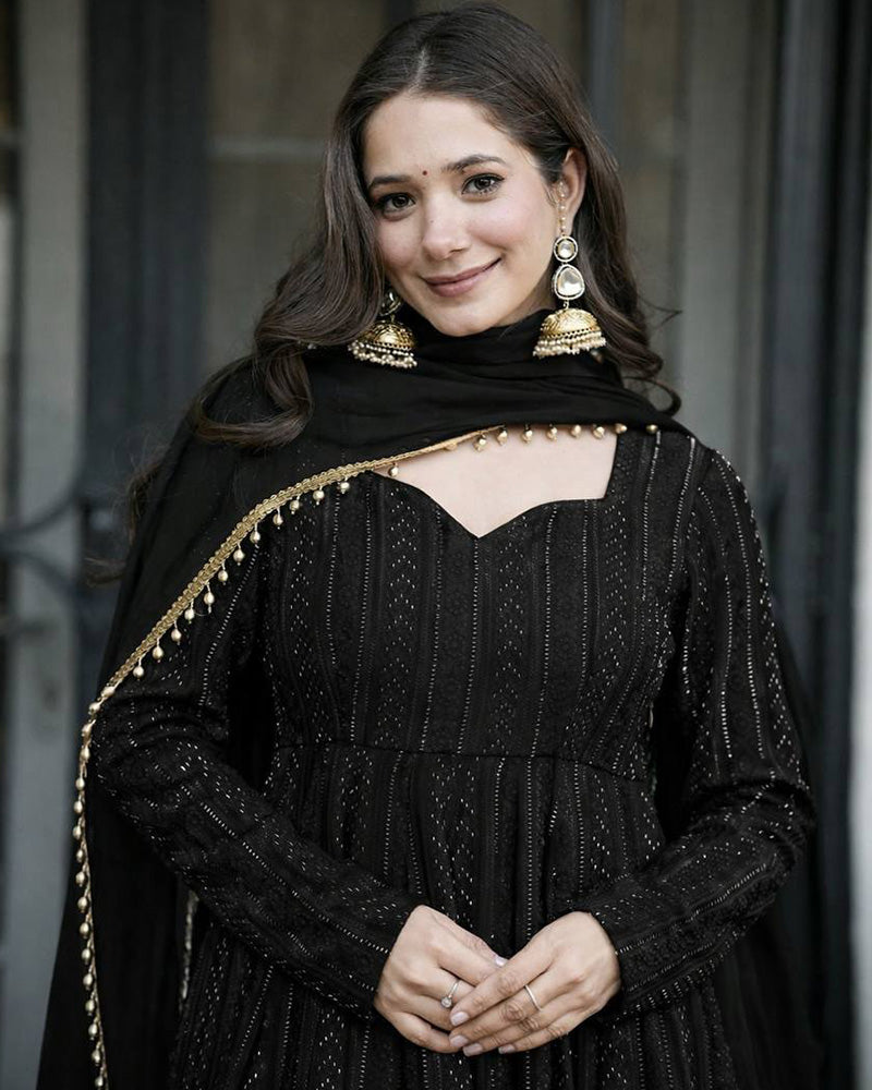 Black Color Faux Blooming Embroidered Sharara Suit
