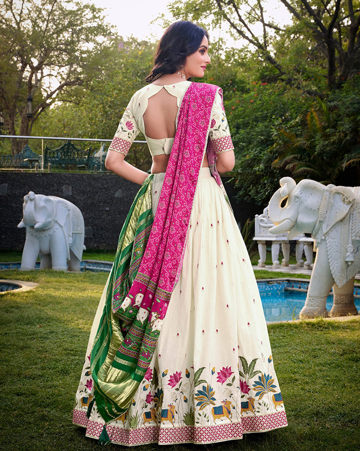 Lotus Design Off-White Color Khadi Cotton Embroidered Lehenga Choli