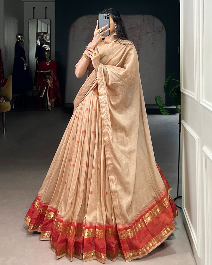 Traditional Cream Color Chanderi Half Saree With Zari Detailing