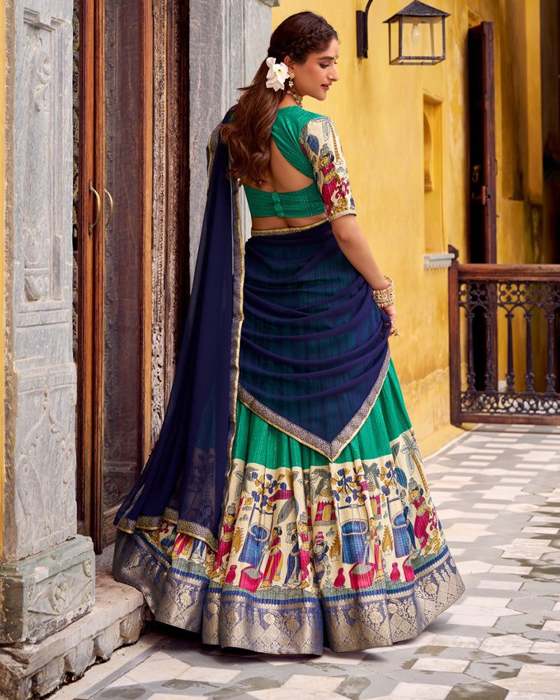 Bottle Green Color Poly Chanderi Kalamkari Printed Lehenga Choli