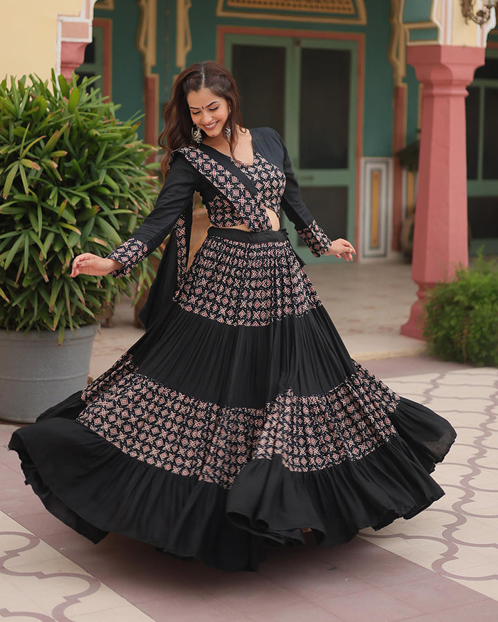 Navratri Wear Black Color Rayon Printed Lehenga Choli