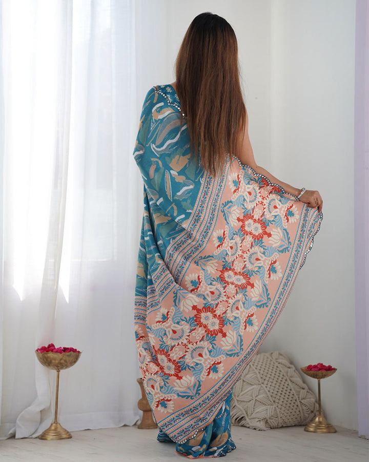 Firozi Color Chinnon Silk Printed Saree