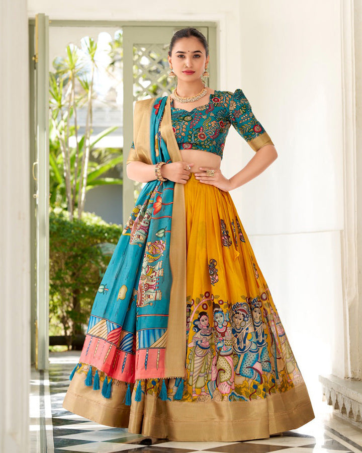 Yellow Color Dola Silk Designer Kalamkari Print Half Saree