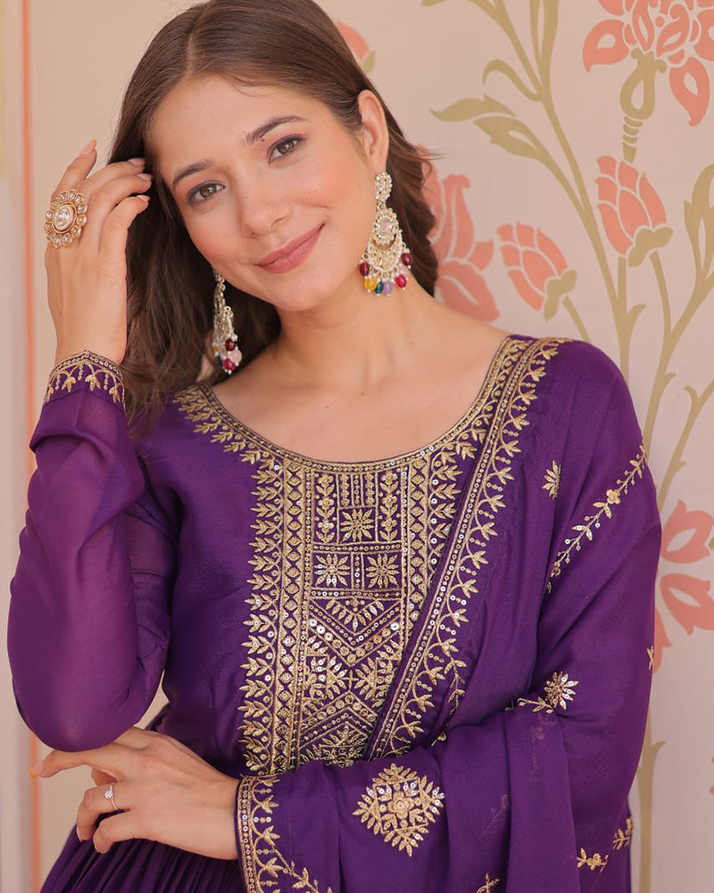 Designer Purple Color Star Georgette Embroidered Gown