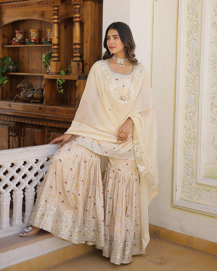 Off-White Color Viscose Jacquard Embroidered Gharara Suit