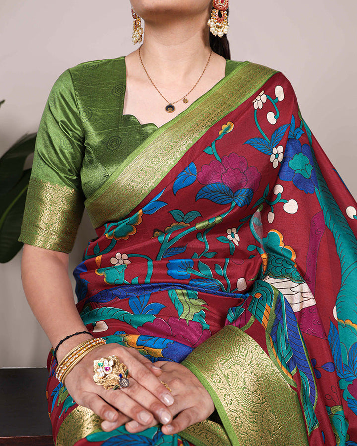 Maroon Color Tasar Silk Ethnic Printed Saree