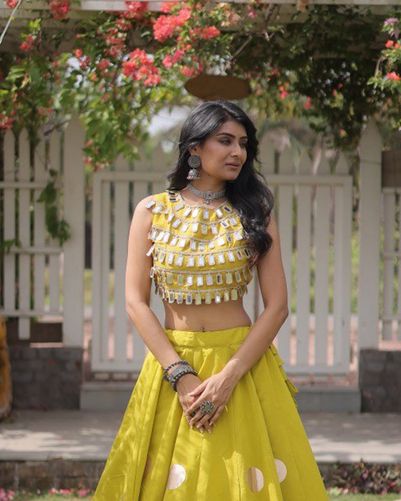 Traditional Parrot Green Roman Silk Navratri Wear Lehenga Choli
