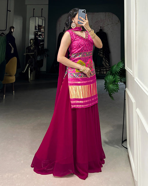 Designer Pink Color Gaji Silk Three Piece Plazzo Suit