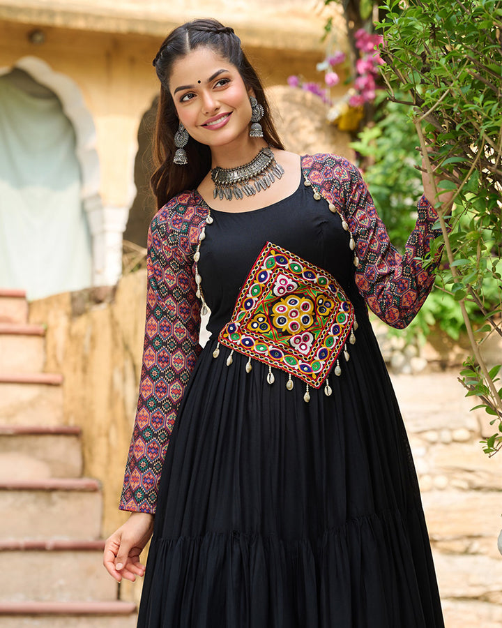 Full Flair Black Rayon Gown With Multicolor Embroidery