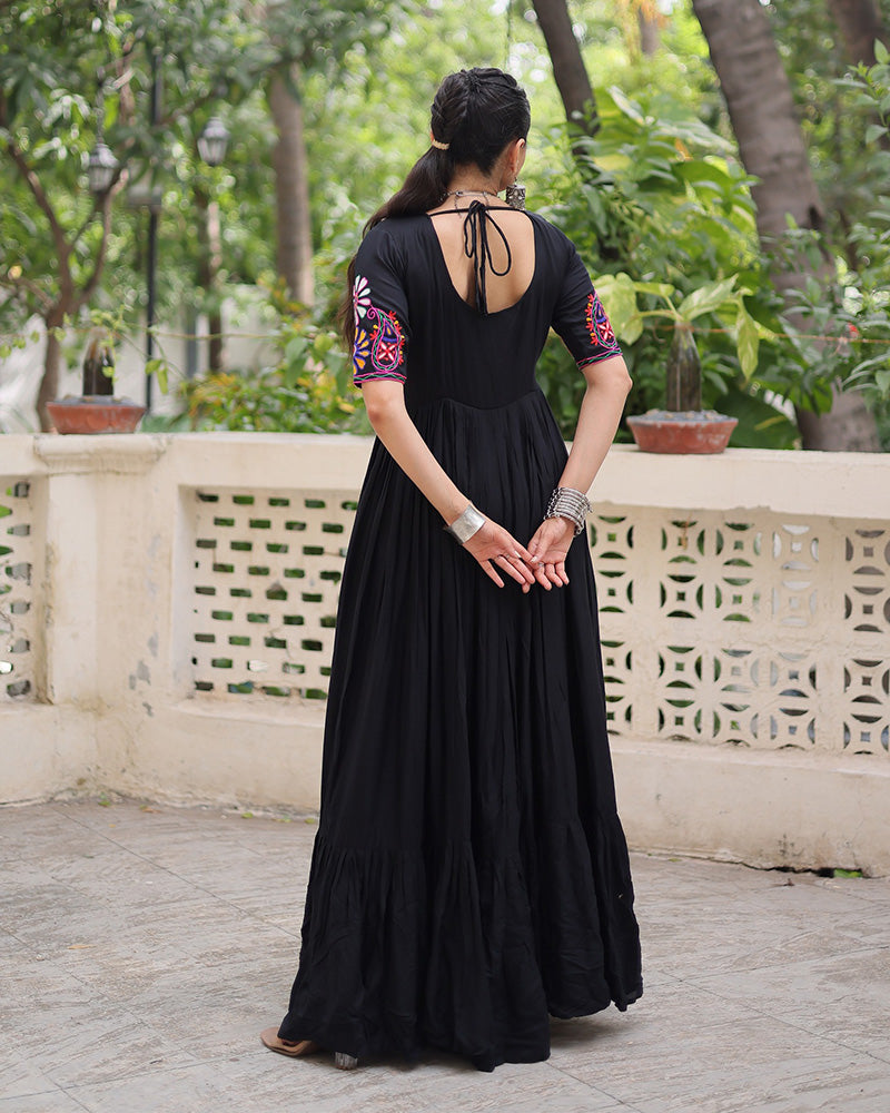 Navratri Wear Black Color Rayon Gamthi Work Gown