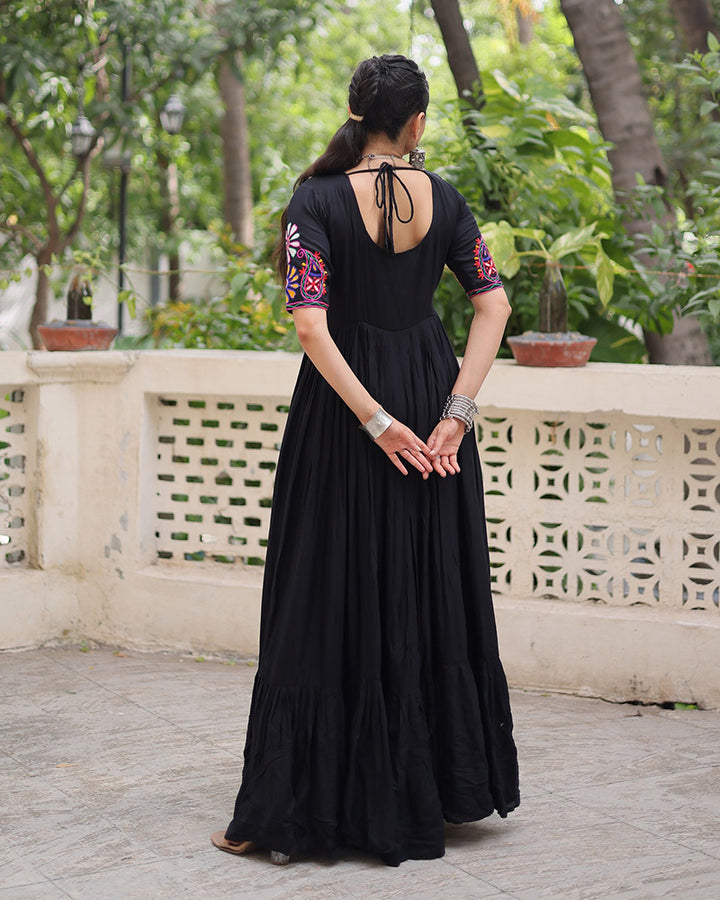 Navratri Wear Black Color Rayon Gamthi Work Gown