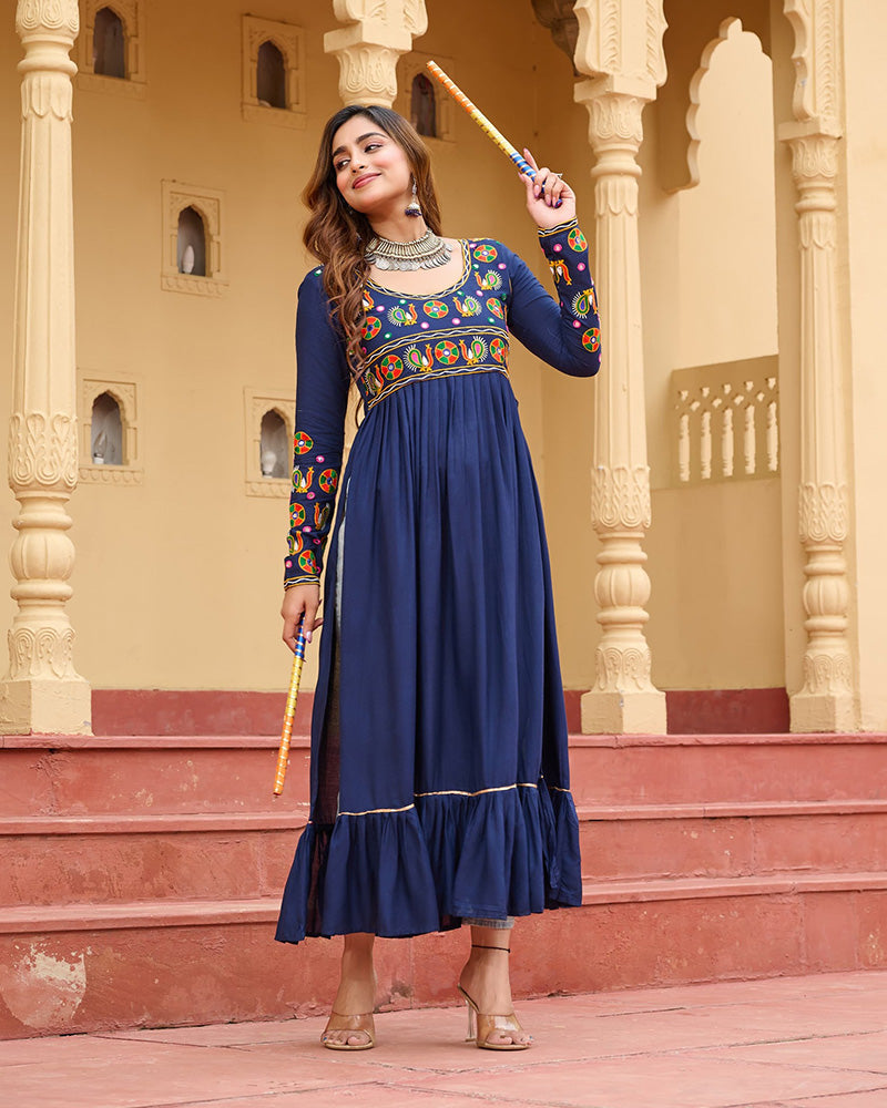 Vibrant Blue Flared Rayon Kurti With Gamthi Work