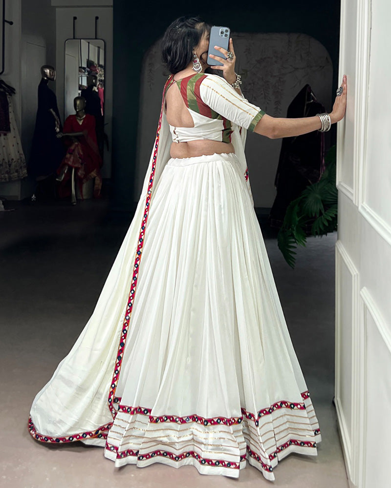 Vibrant White Color Rayon Gamthi Work Navratri Lehenga Choli
