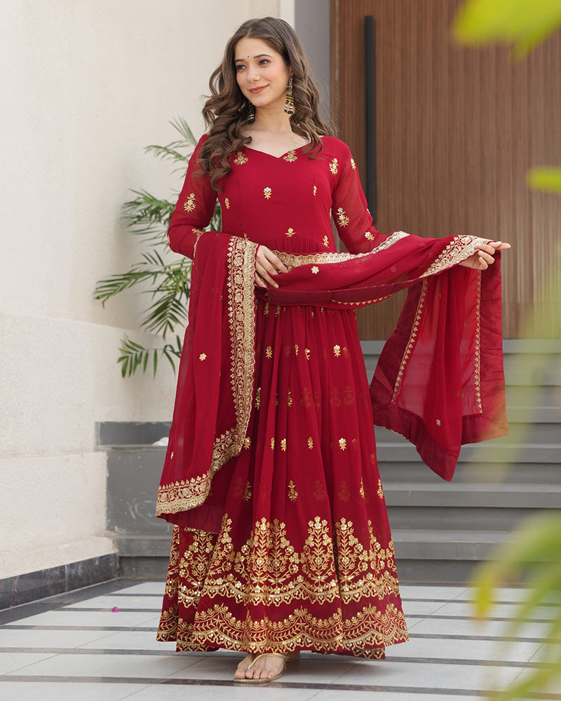 Maroon Color Designer Blooming Embroidered Gown