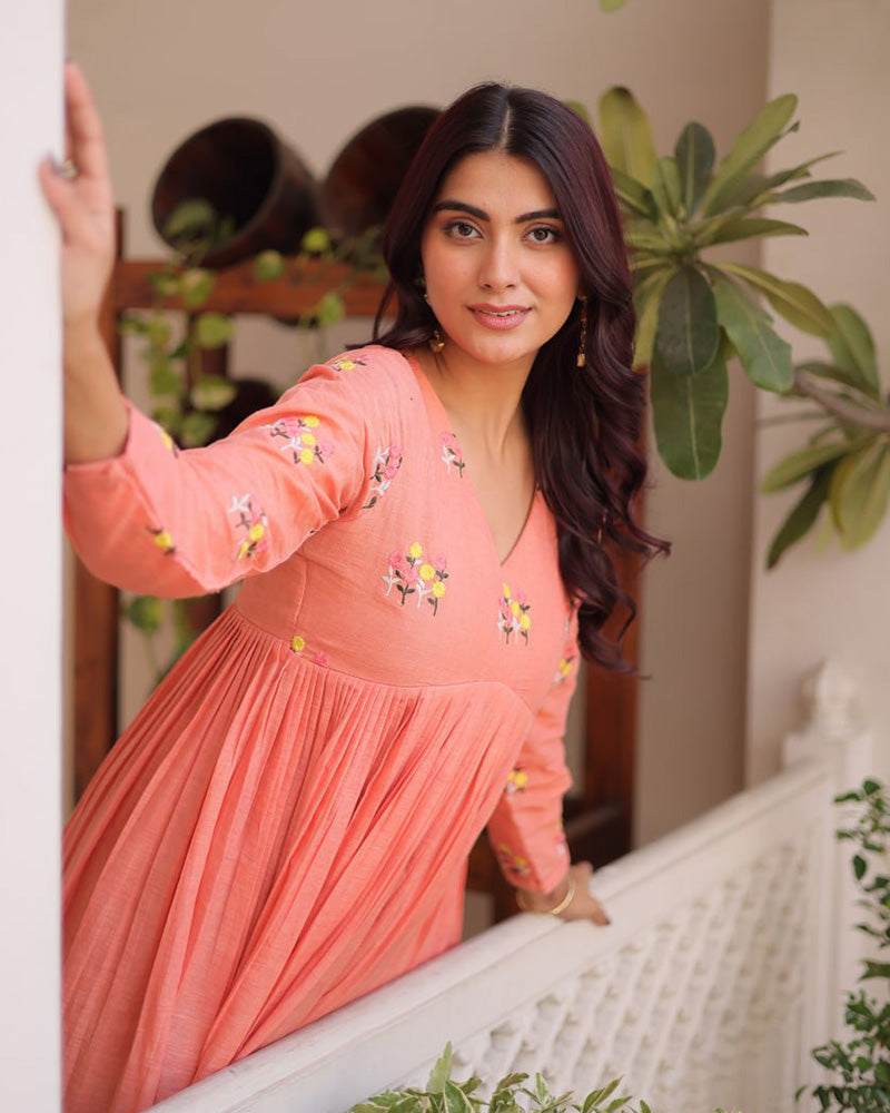 Peach Color Pure Cotton Embroidered Kurti Suit