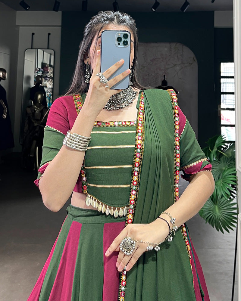 Navratri Special Designer Green & Magenta Color Rayon Choli