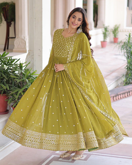 Mehndi Green Color Georgette Embroidered Designer Gown