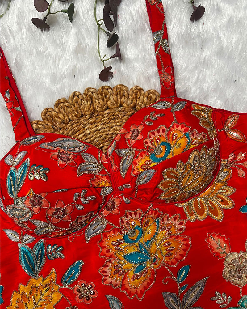 Orange Color Rumali Silk Embroidered Spaghetti Blouse