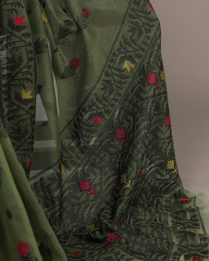 Mehndi Color Thread Weaving Poly Cotton Saree