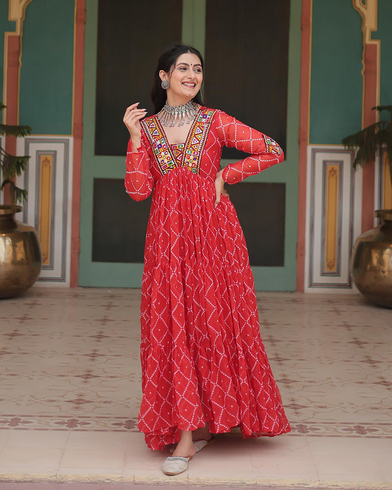 Navratri Special Orange Color Faux Georgette Bandhej Gown