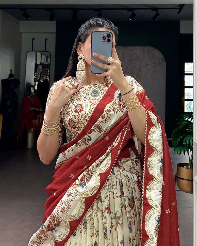 Off-White Color Tasar Silk Foil Printed Lehenga Choli